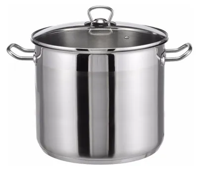 A stainless steel pot with a glass lid and handles, shown from the front on a white background.