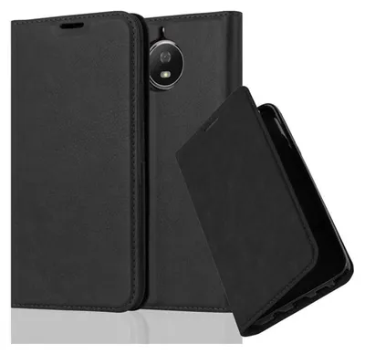 A black flip case for a smartphone is shown from the front and side.
