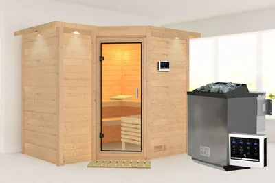 Produktbild von Karibu Sauna Innensauna Sahib 2 Eckeinstieg Ofen 9 kW  externe Strg easy 264x198x214 cm mit Dachkranz  mit Klarglastür