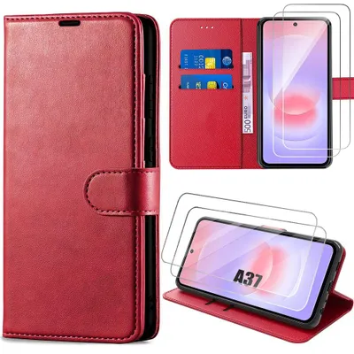 Image de Coque + 2 Verres Trempés pour Samsung Galaxy A37 5G, Protection Anti-Rayures Cuir Synthétique Rouge