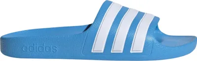 A single blue Adidas slide sandal with white stripes.