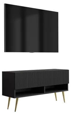 Obrázek produktu pro Skříňka pod televizi s rýhovaným čelem, matná černá, zlaté šikmé nohy, 100 × 32 × 52 cm