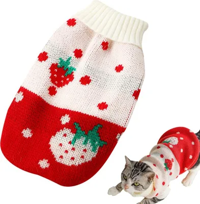 Produktbild von Katzenkleidung Winter, Haustierpullover Katze, Katzenkleider für Katzen, süße Katzenkleidung, Strickpullover für Katzen, warmer Katzenpullover mit Erdbeermuster, Winter-Haustierkleidung