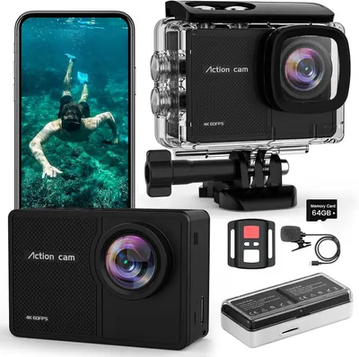 Produktbild von Action-Kamera 4K, 60 Bilder pro Sekunde - Unterwasser-Kamera, 40 Meter tief, mit 64 GB SD-Karte - WLAN - Bildstabilisierung (EIS) - 2 Akkus