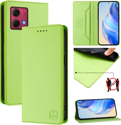 Collage of images showing a green leather flip wallet case for a Motorola Moto G84 phone, with close-ups of its features and a phone inside.
