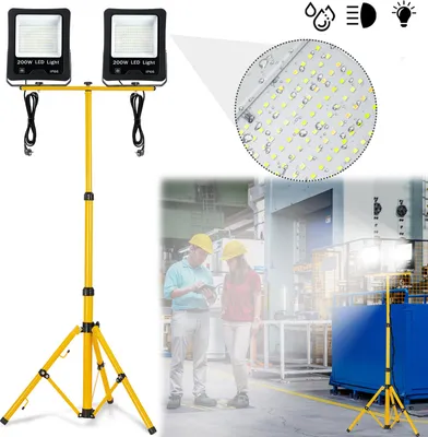 Obrázok produktu pre XINZI 2*200W LED reflektor studená biela so žltým statívom - vysoko výkonný reflektor, 3m kábel, pracovné svetlo, pre garáž, stavenisko, športovisko