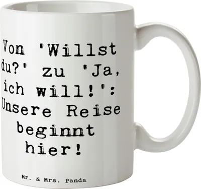 Produktbild von Mr. & Mrs. Panda Teetasse Spruch Verlobung Abenteuer - Weiß - Geschenk, Versprechen, besondere Momente, Heiraten, Heirat, Geschenke, Erinnerung, Trinkbecher, Vertrauen