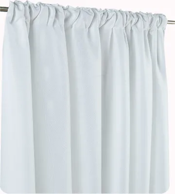A white curtain with gathered pleats hanging from a rod.