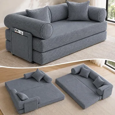 Produktbild von HOOLAMYIE 6-in-1 Modulares Schlafsofa aus Cord, Klappbares Polstersofa mit Seitentasche, montagefrei, Bodensofa 2-Sitzer, Grau