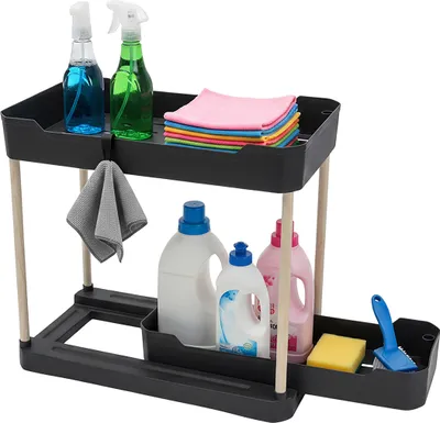 Immagine prodotto di Ripiano per armadio lavello a 2 livelli 40 cm x 35 cm estraibile - nero - Organizer per mobile base cucina con cestello e cassetto