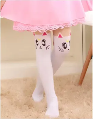 Productafbeelding van Jumada – Kindertights – Koreaanse stijl – witte kat – maat L, 7–13 jaar – voor meisjes – kniekousen – leuk en comfortabel