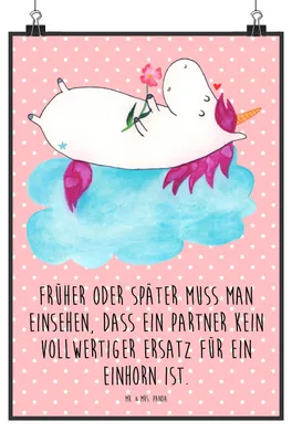 Produktbild von Mr. & Mrs. Panda Bild Einhorn Verliebt DIN A2 - Rot Pastell - Geschenk, Unicorn, wanddeko, Plakat, Einhörner, Wolke, drucke, Wandbild, Liebe, Wanddekoration
