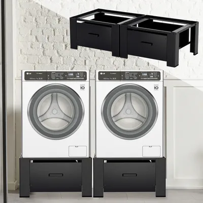 Produktbild von Clanmacy 2x Waschmaschinen Untergestell mit schublade Schwarz Waschmaschinenunterschrank Waschmaschinen Sockel 62.5x54.5x32.5cm