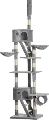 Zdjęcie produktu dla Drapak dla kota PawHut, wysokość sufitu 240-260 cm, drapak z pluszowymi piłkami, jaskinia dla kota, hamak, słupki sizalowe, platformy, wielopoziomowy drapak dla kota, drzewo wspinaczkowe dla dużych kotów, jasnoszary