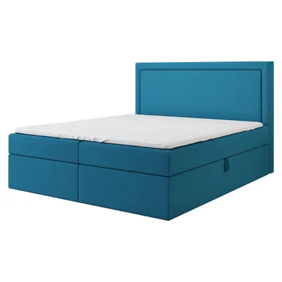 A blue boxspring bed with a white mattress and a headboard, shown against a white background.