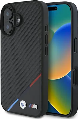 Produktbild von BMW Handyhülle für iPhone 16 Plus 6.7 Zoll, Carbon Tricolor Line, Karbonfaser, mattschwarz, MagSafe kompatibel, stoßfest