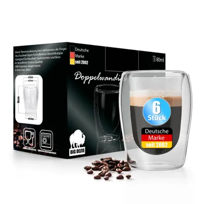 Produktbild von BigDean 6 Stück doppelwandige Espressotassen 80 ml in Gastro-Qualität - Espressotassen Set in Geschenkverpackung