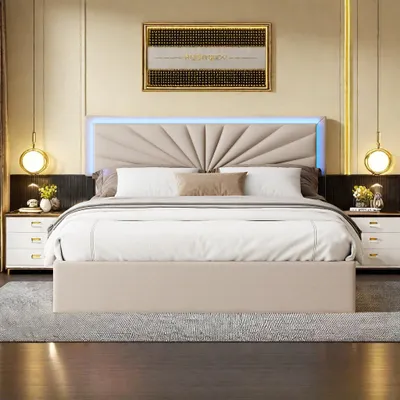 A bedroom scene featuring a bed with LED lighting.