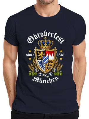Productafbeelding van Bayern-wapen, leeuw, kroon, bier, hop, mout, traditioneel shirt, lederen broek, heren T-shirt, marineblauw, maat M