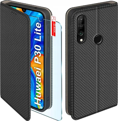 Obrázek produktu pro Pouzdro s klopou pro Huawei P30 Lite Uzavíratelné černé pouzdro + sklo 9H