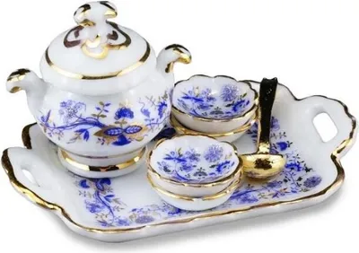 Productafbeelding van Soepsetje "Zwiebel Gold" in miniatuur, met opscheplepel en bordje