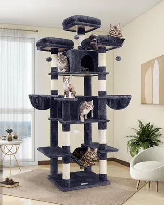Zdjęcie produktu dla Unyqoos® - Duży drapak o wysokości 204 cm z hamakiem i domkiem, 3 wyściełane, zdejmowane słupki do drapania, obicie z pluszu, grube słupki z sizalu – idealny dla wielu kotów