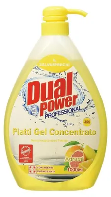 A bottle of dish soap with citrus fruit imagery.