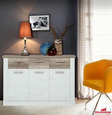 Image de Commode buffet en pin blanc et chêne vieilli, 140 cm, salon, style moderne