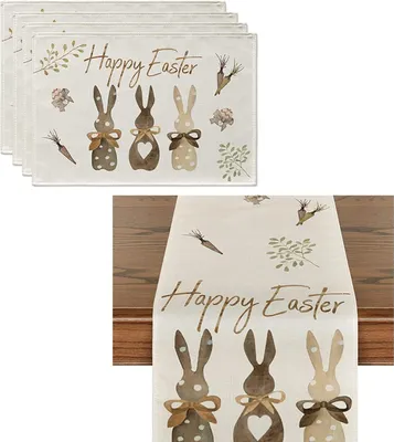 Produktbild von Ostern Tischläufer Und Tischsets Set, Frühling Tischdecke Platzsets Abwischbar Tisch Platzdeckchen, rutschfest Ostern Kaninchen Tischdecke Aus Leinen Für Frühling Küche Esstisch Dekoration (Stil C)