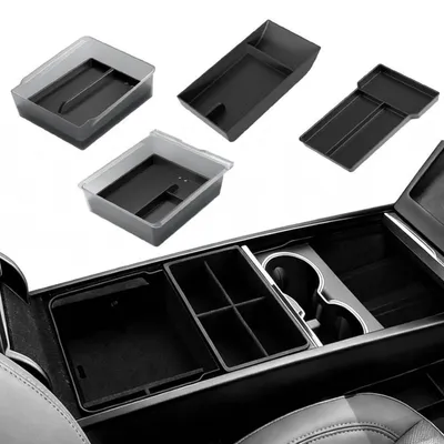 Image de Organisateur de console centrale pour Tesla Model Y Juniper et Model 3, ensemble de 4 pièces, aspect fibre de carbone
