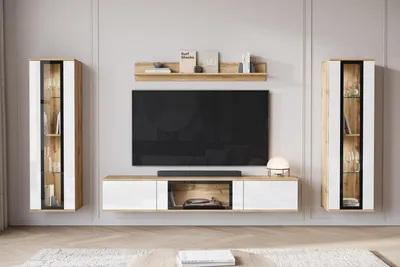 Produktbild von MINIO go for it, Wohnwand, "FARO", 4-teilig, stehend, hängend, mit LED-Beleuchtung, Wotan Eiche / weiß glänzend Farbe