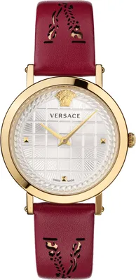 Zdjęcie produktu dla Versace VELV00320 Medusa Chain białe złoto czerwony skórzany pasek zegarek damski NOWOŚĆ