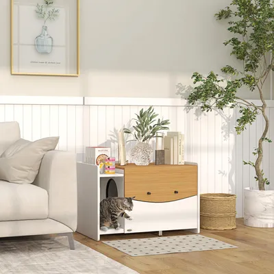 Produktbild von Katzentoilette Schrank ausziehbar, Katzenklo Möbel versteckt, Spanplatte Eiche/Weiß | 78x50x51 cm | bis 50 kg | Streufangmatte