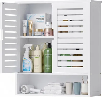 Produktbild von Wandmontierter Badschrank – Aufbewahrungsregal – Platzsparend – Verstellbare Einlegeböden – 59 x 66,5 cm – Weiß