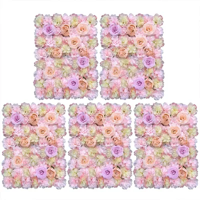 Five artificial flower wall panels arranged in a grid formation against a white background.