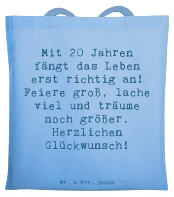 Produktbild von Mr. & Mrs. Panda Tote Bag Spruch 20. Geburtstag - Sky Blue - Geschenk, Einkaufstüte, Uni Tasche, Happy Birthday, liebevoll, Erwachsensein, Abenteuer, Geburtstagsgeschenk