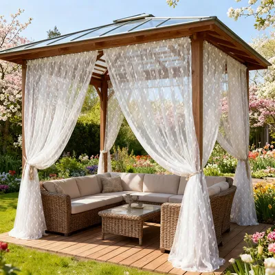 Produktbild von 2er Set Vorhänge Voile Blumenmuster Outdoor Vorhang Moskitonetz Fliegengitter Insektenschutz Gardinen, B157xH305cm, Weiß