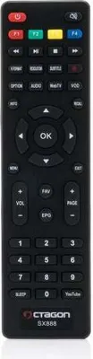A black remote control for an Octagon SX888 Linux Receiver.