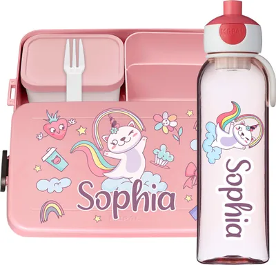 Produktbild von Lunchbox Set für Kinder Mädchen zur Schule Personalisiert mit Namen Brotdose Wasserflasche Trinkflasche BPA frei Essen für Unterwegs mit Gabel und Bento Fach To Go Unicorn Cat [153]