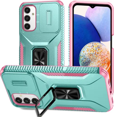 Produktbild von Handyhülle für Samsung Galaxy A14 5G 4G Dual Layer Hülle mit Schiebe Kamera Schutz und Ringhalter Ständer Türkis
