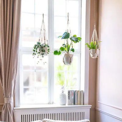 Produktbild von Famanu Set von 3 hängenden Pflanzenhängern - Baumwollseil mit Perlen - 58 cm/73 cm/89 cm