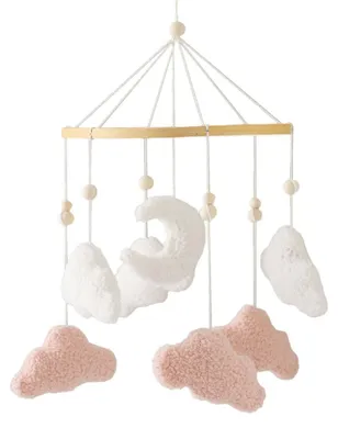 Image de Mobile pour bébé en bois avec nuages et lune en 3D, couleur rose, fait à la main, pour chambre de bébé, cloche à suspendre au-dessus du lit