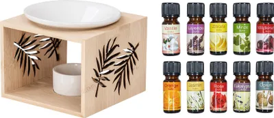 Produktbild von Duftlampe Bambus Natur Weiß Keramik Holz Aromalampe Palmen-Blatt inkl. 10 Duftöle