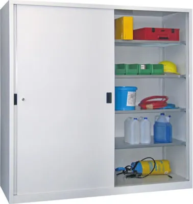 Produktbild von Schiebetürenschrank - Vollblechtüren - 1.950x2.000x400 mm (HxBxT) - 8 Böden, gepulvert - Zylinderschloss - enzianblau/feuerrot