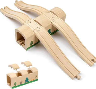 Produktbild von Holz Eisenbahn Tunnel und Brücke Set, Spielzeug für Kinder ab 3 Jahren, mit S-Schienen und Tunnelkappen