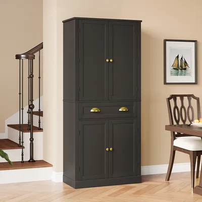 Image de OKWISH Buffet haut à 4 portes et 1 tiroir, meuble de rangement avec 6 compartiments et 4 étagères réglables, noir