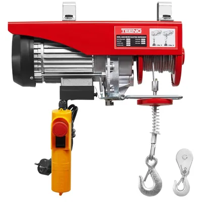 A red electric hoist with a control pendant and hook is shown against a white background.
