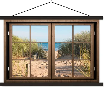 Produktbild von MuchoWow® Textilposter Aussicht - Strand - Gras 60x40 cm mit schwarzem Rahmen - Hölzernes