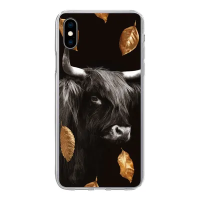 Produktbild von MuchoWow® Handyhülle Schutzhülle Hülle für iPhone Xs Schottischer Highlander - Blätter - Gold - Schwarz Silikon Softcase Handy Hülle - Handytasche