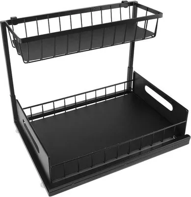 Zdjęcie produktu dla Organizer pod zlew – organizer do szafki kuchennej – oszczędność miejsca – wysuwany, dwupoziomowy – 39x29x10 cm – czarny